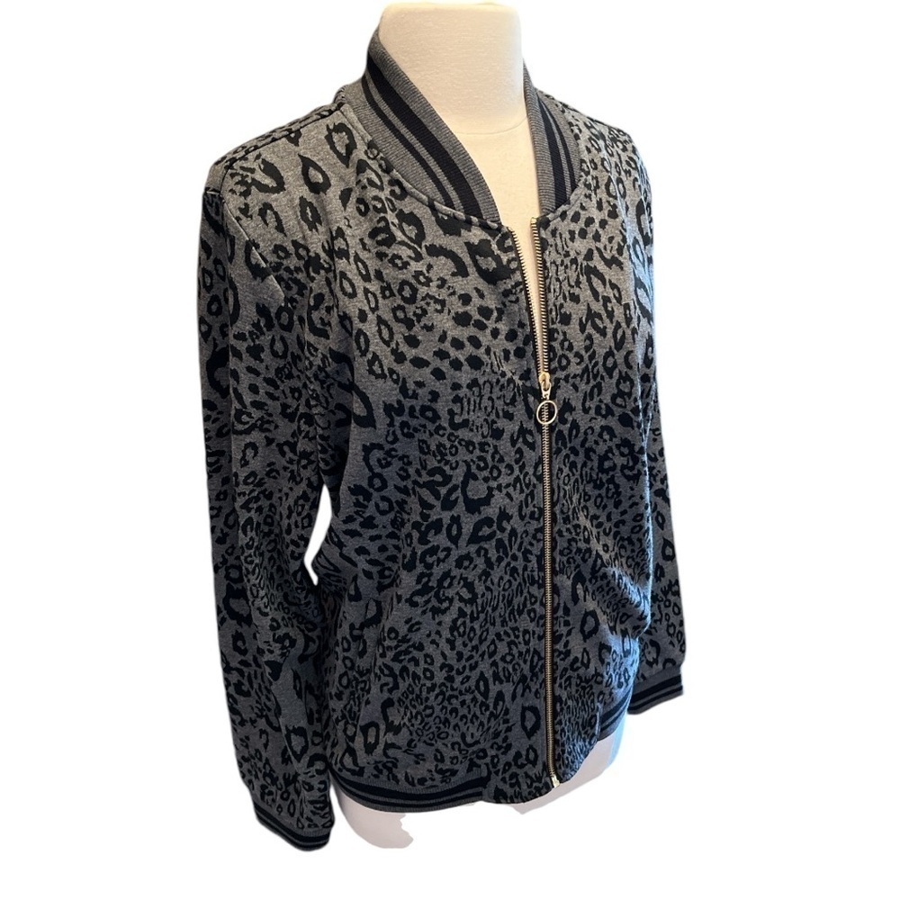 Du Jour Animal Print Bomber Sweater Jacket with Striped Rib Knit Trim Size XL - Picture 11 of 11